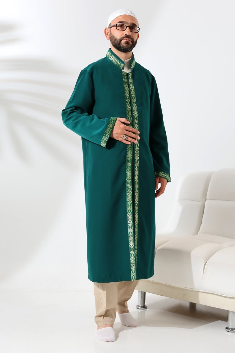 Green Men's Prayer Robe with Embroidered Stand-Up Collar and Imam's Robe - ihvan