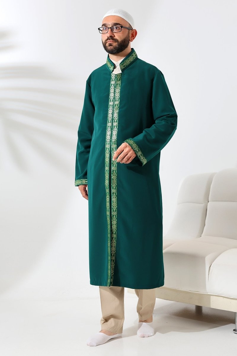 Green Men's Prayer Robe with Embroidered Stand-Up Collar and Imam's Robe - ihvan