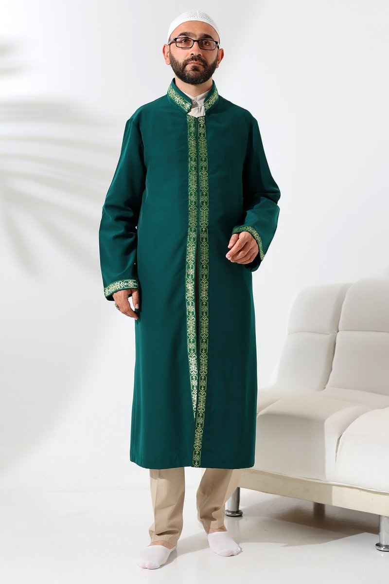 Green Men's Prayer Robe with Embroidered Stand-Up Collar and Imam's Robe - ihvan