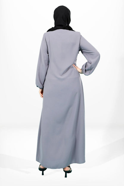 Grey A - line Side - Tie Sleeved Elasticated Hijab Abaya 3906 - ihvan