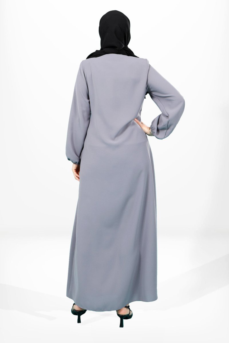 Grey A - line Side - Tie Sleeved Elasticated Hijab Abaya 3906 - ihvan