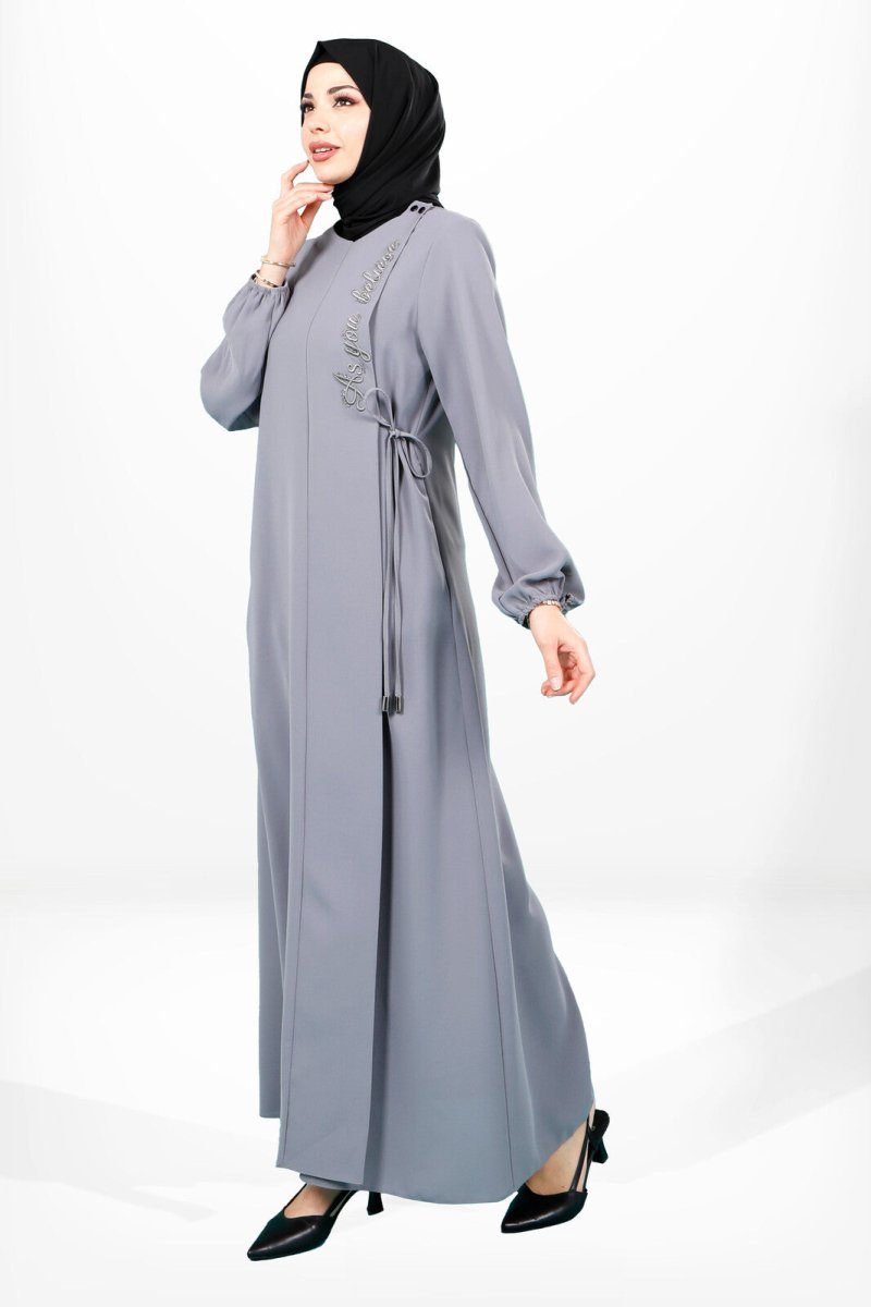 Grey A - line Side - Tie Sleeved Elasticated Hijab Abaya 3906 - ihvan