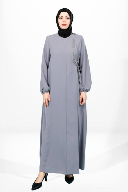 Grey A - line Side - Tie Sleeved Elasticated Hijab Abaya 3906 - ihvan