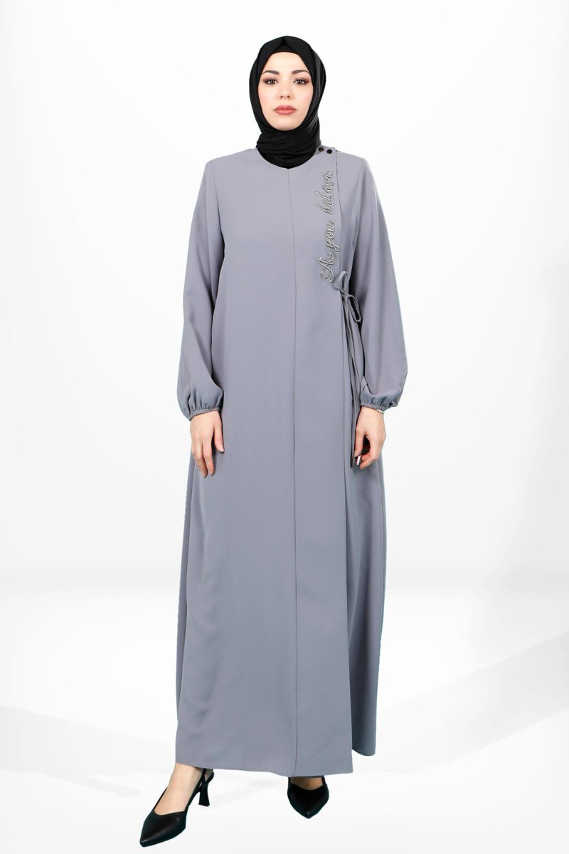 Grey A - line Side - Tie Sleeved Elasticated Hijab Abaya 3906 - ihvan