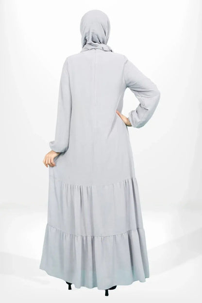 Grey Chiffon Hijab Dress with Double Ruffled Skirt and Lining 5601 - 25 - ihvan