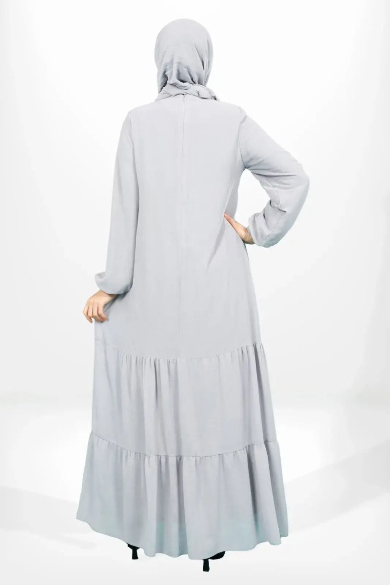 Grey Chiffon Hijab Dress with Double Ruffled Skirt and Lining 5601 - 25 - ihvan