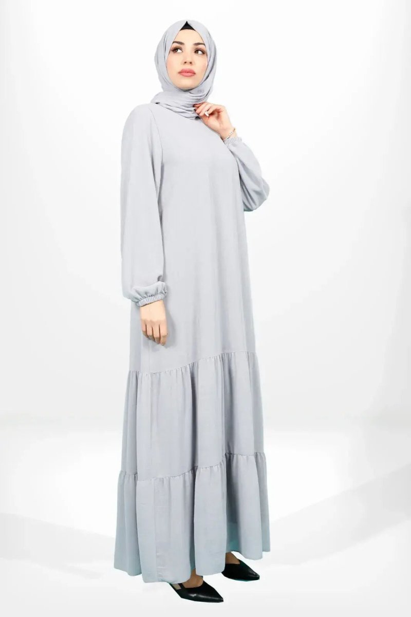 Grey Chiffon Hijab Dress with Double Ruffled Skirt and Lining 5601 - 25 - ihvan