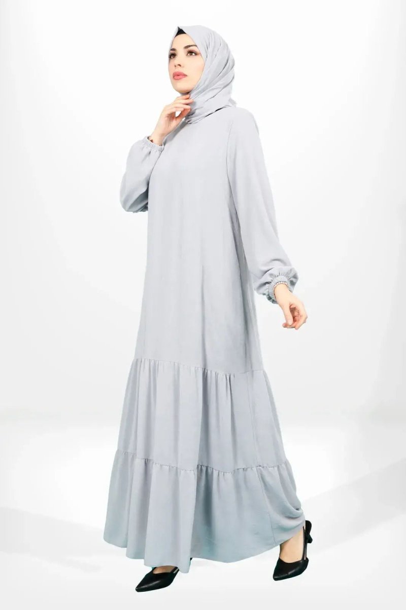 Grey Chiffon Hijab Dress with Double Ruffled Skirt and Lining 5601 - 25 - ihvan