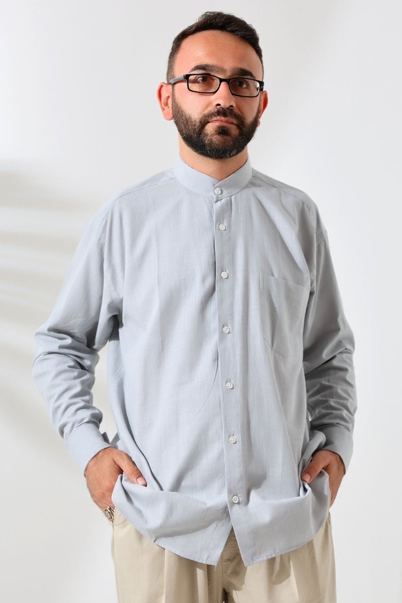 Grey Men's Loose Fit Single Pocket Mandarin Collar Hajj and Umrah Linen Shirt - ihvan
