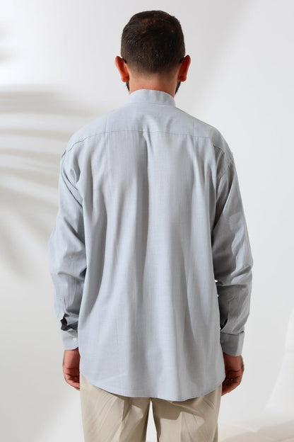 Grey Men's Loose Fit Single Pocket Mandarin Collar Hajj and Umrah Linen Shirt - ihvan