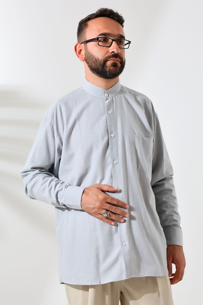 Grey Men's Loose Fit Single Pocket Mandarin Collar Hajj and Umrah Linen Shirt - ihvan