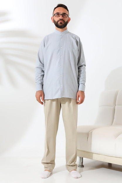 Grey Men's Loose Fit Single Pocket Mandarin Collar Hajj and Umrah Linen Shirt - ihvan