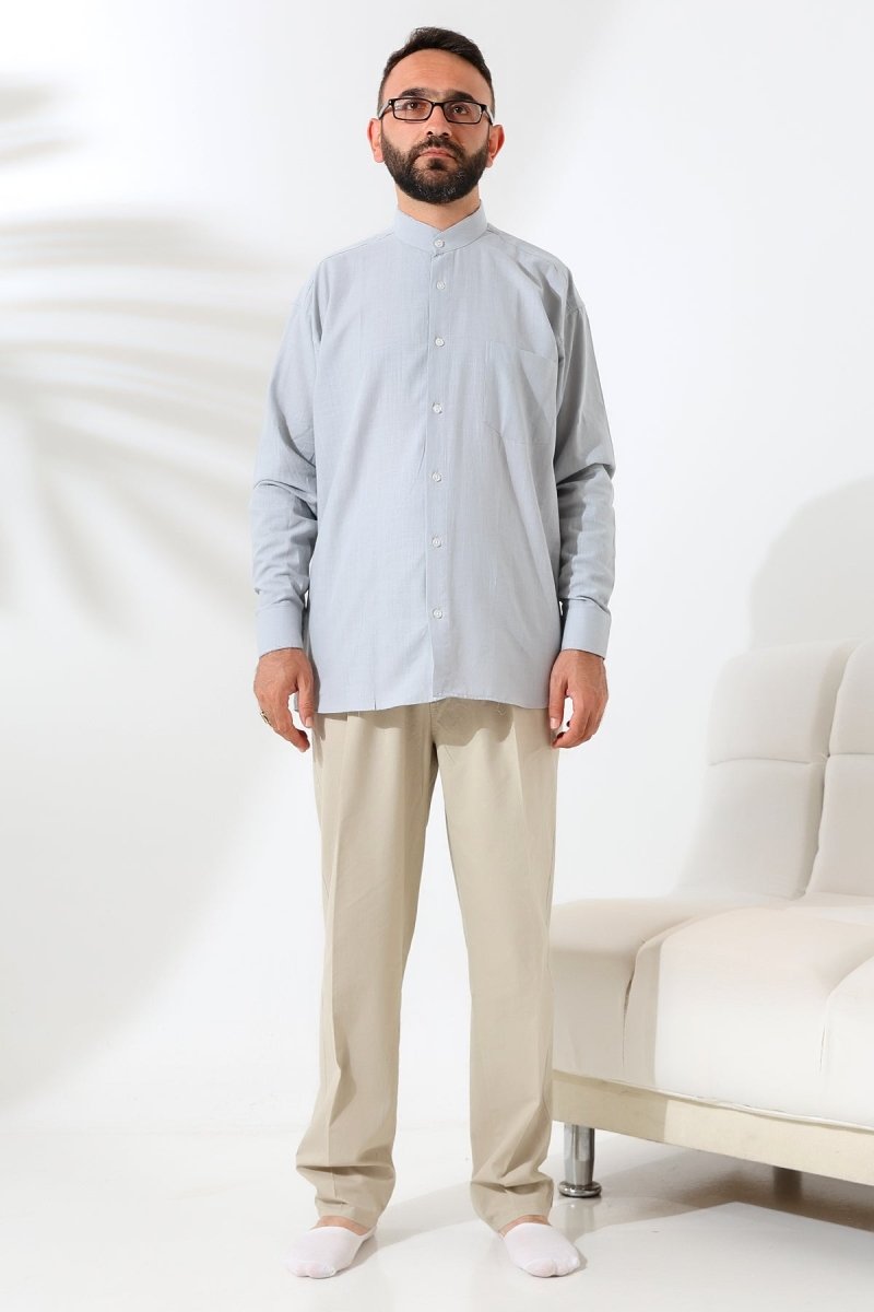 Grey Men's Loose Fit Single Pocket Mandarin Collar Hajj and Umrah Linen Shirt - ihvan