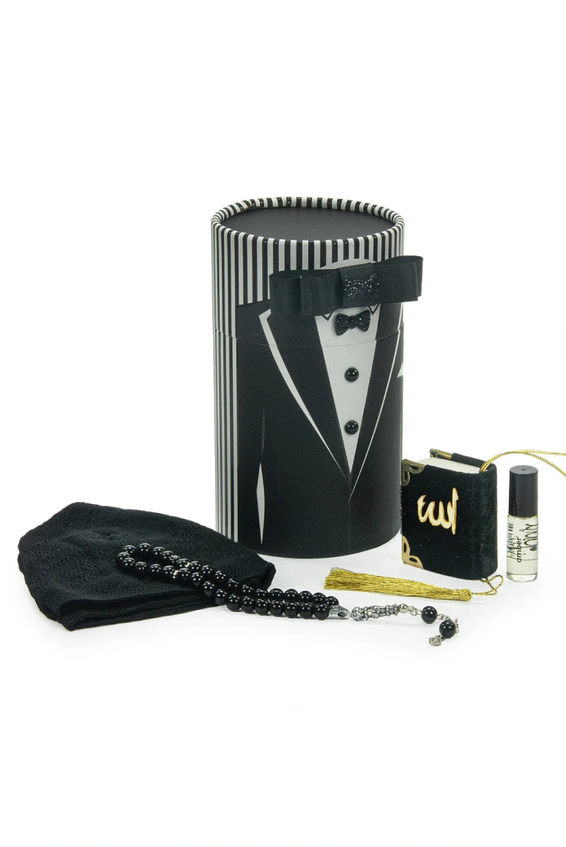 Groom's Dowry Gift Set – Mini Quran, Prayer Cap, Pearl Tasbeeh, and Perfume in Cylinder Box - ihvan