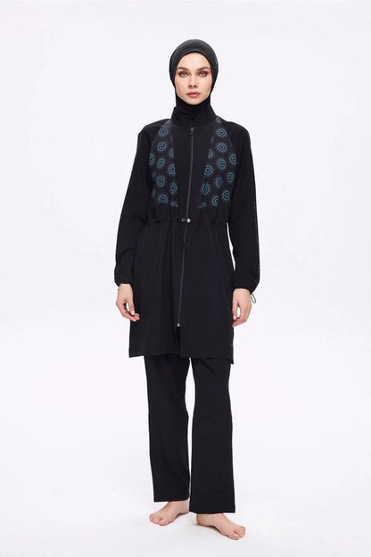 Haşema Anatolia Collection Patterned Stretch Woven 6-Piece Full-Covered Burkini Set 5023-25 Black - ihvan