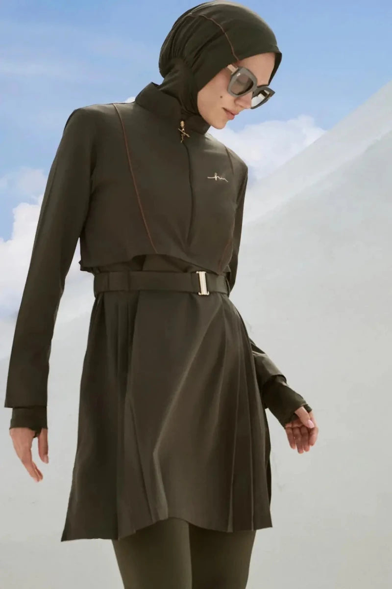 Haşema Belt &amp; Buckle Detailed 5-Piece Full-Covered Burkini Set 5017 Khaki - ihvan