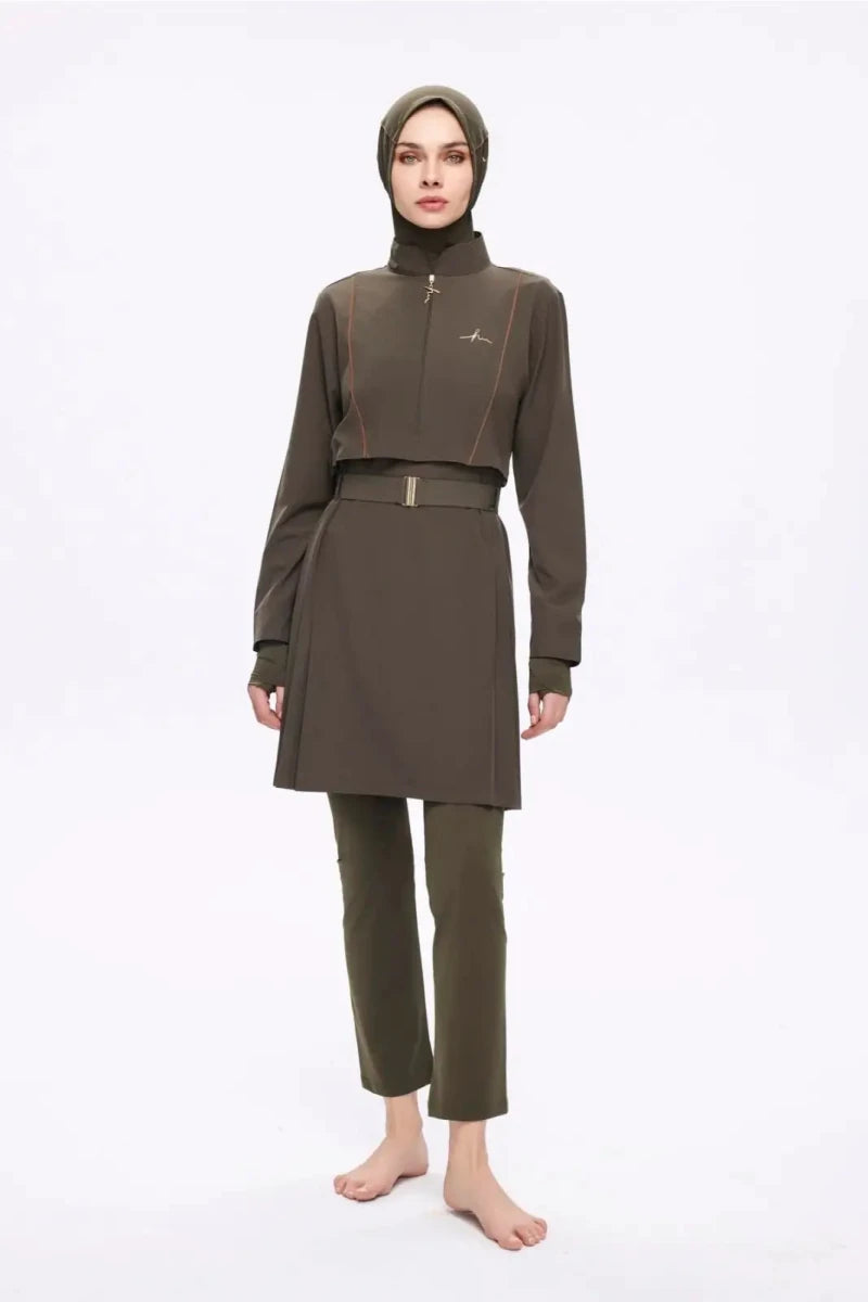 Haşema Belt &amp; Buckle Detailed 5-Piece Full-Covered Burkini Set 5017 Khaki - ihvan