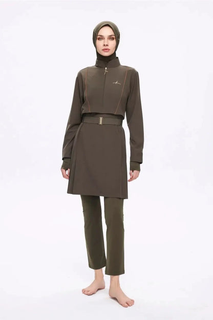 Haşema Belt &amp; Buckle Detailed 5-Piece Full-Covered Burkini Set 5017 Khaki - ihvan
