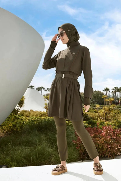 Haşema Belt &amp; Buckle Detailed 5-Piece Full-Covered Burkini Set 5017 Khaki - ihvan