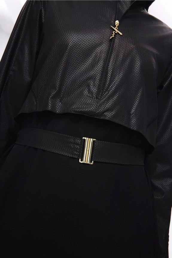 Haşema Belt Buckle Detailed Textured Quick - Drying Fabric Black 5 - Piece Full Coverage Swimsuit Set 5027 Black - ihvan