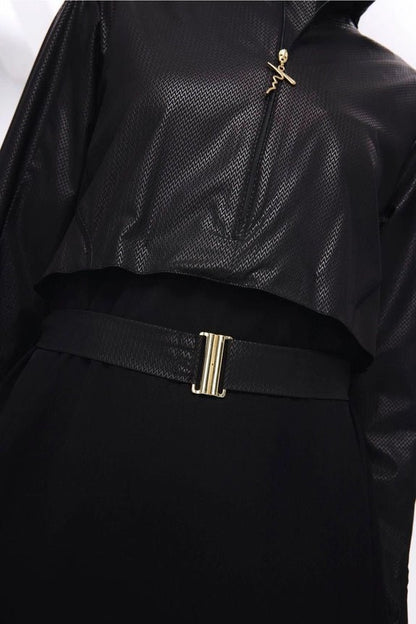 Haşema Belt Buckle Detailed Textured Quick - Drying Fabric Black 5 - Piece Full Coverage Swimsuit Set 5027 Black - ihvan