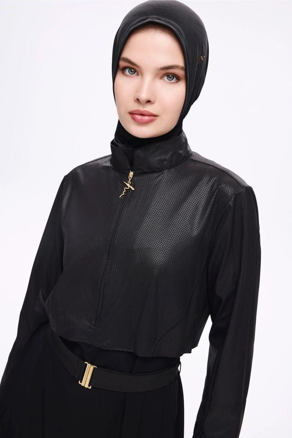 Haşema Belt & Buckle Detailed Textured Quick-Drying Fabric Black 5-Piece Full-Covered Burkini Set 5027 Black - ihvan