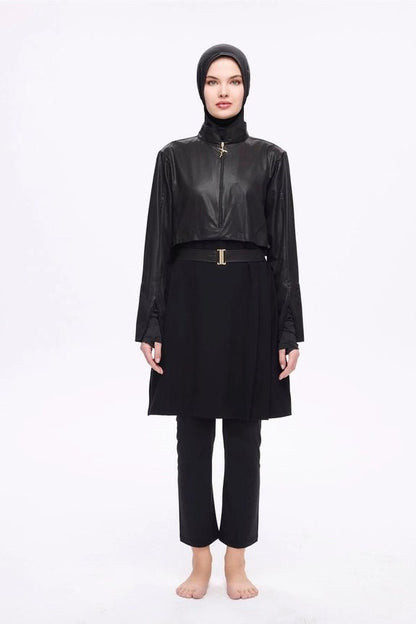 Haşema Belt & Buckle Detailed Textured Quick-Drying Fabric Black 5-Piece Full-Covered Burkini Set 5027 Black - ihvan