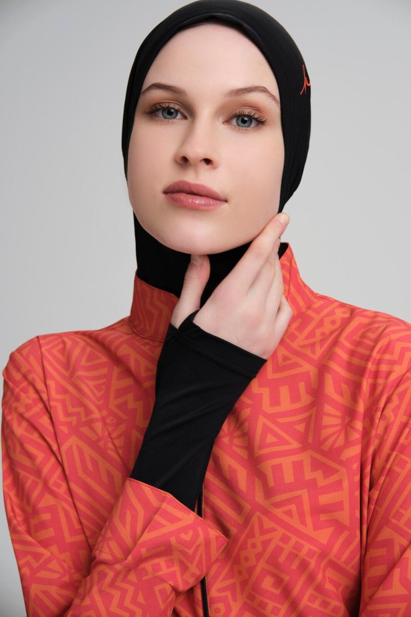 Haşema Esila HSM - 2934 - 23 Orange and Black Full Coverage Swimsuit with Sleeves - ihvan