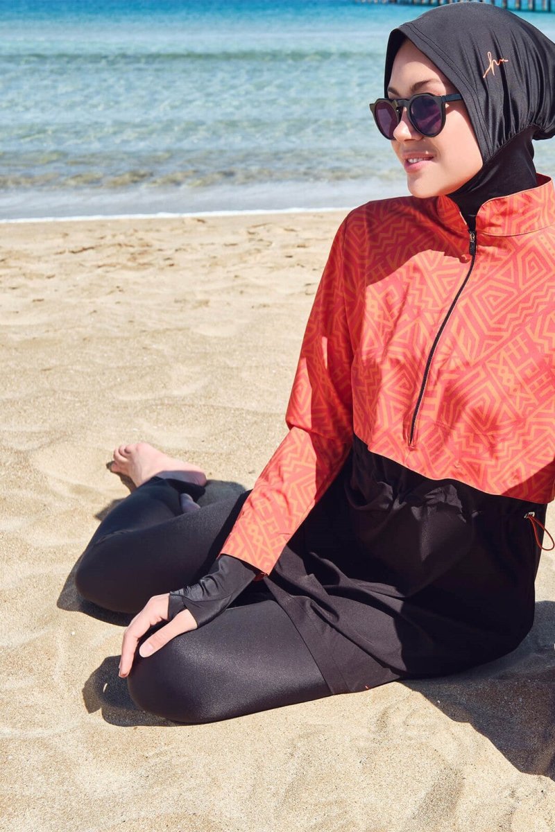 Haşema Esila HSM - 2934 - 23 Orange and Black Full Coverage Swimsuit with Sleeves - ihvan