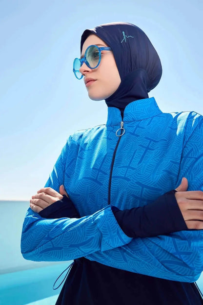 Haşema Esila Monogram Patterned 5-Piece Full-Covered Burkini Set HSM-2934-08 Blue Navy Blue - ihvan