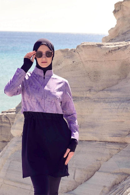 Haşema Esila Monogram Patterned 5-Piece Full-Covered Burkini Set HSM-2934-09 Lilac - ihvan
