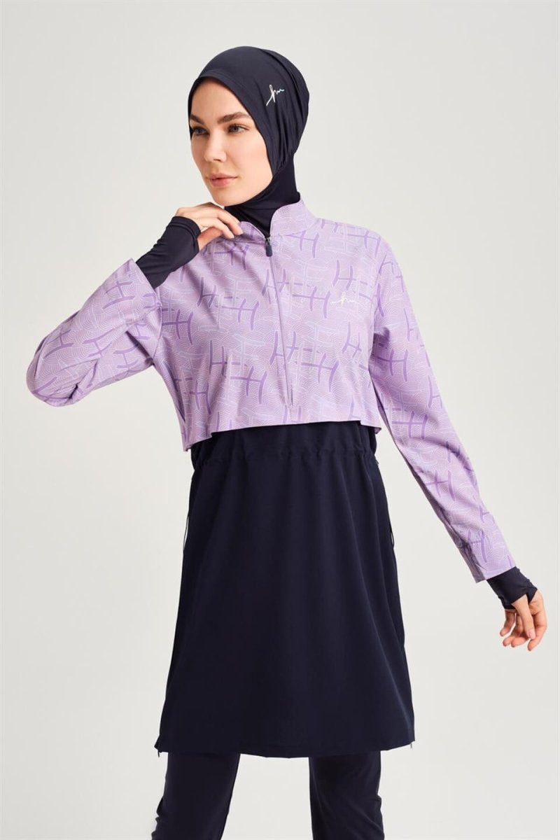 Haşema Esila Monogram Patterned 5-Piece Full-Covered Burkini Set HSM-2934-09 Lilac - ihvan