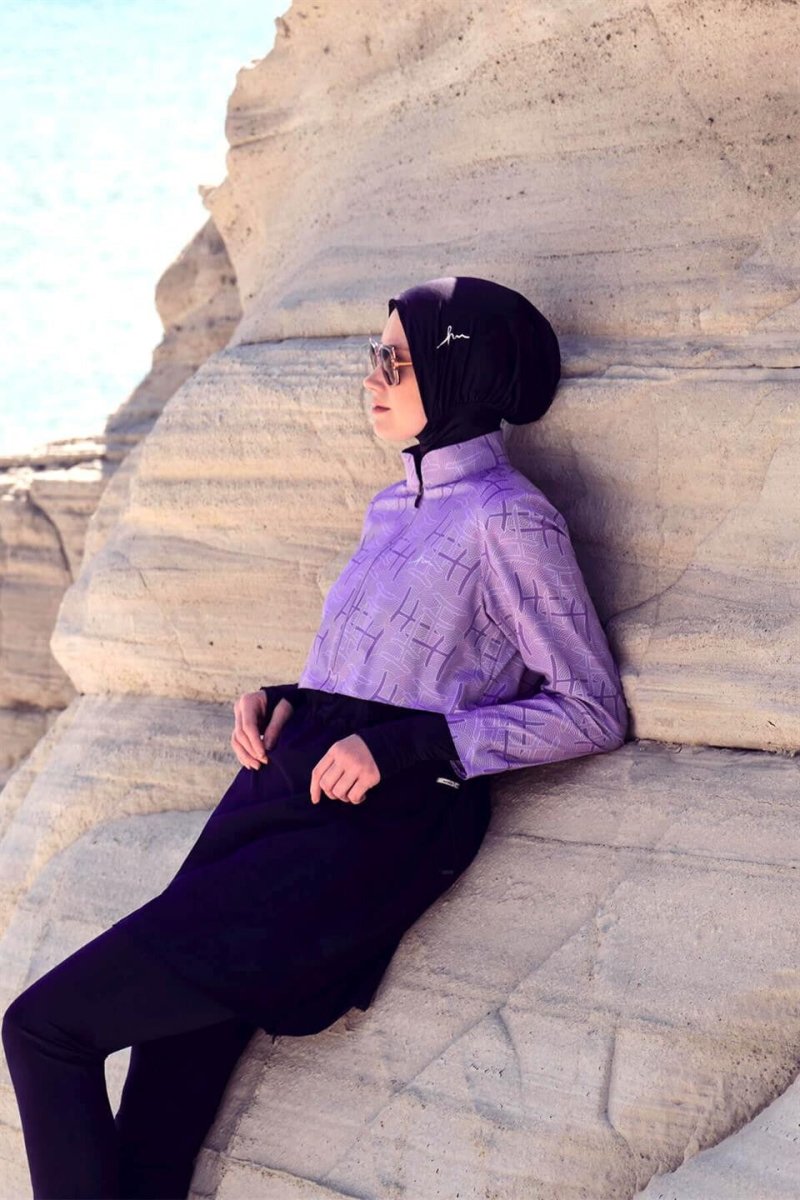 Haşema Esila Monogram Patterned 5-Piece Full-Covered Burkini Set HSM-2934-09 Lilac - ihvan