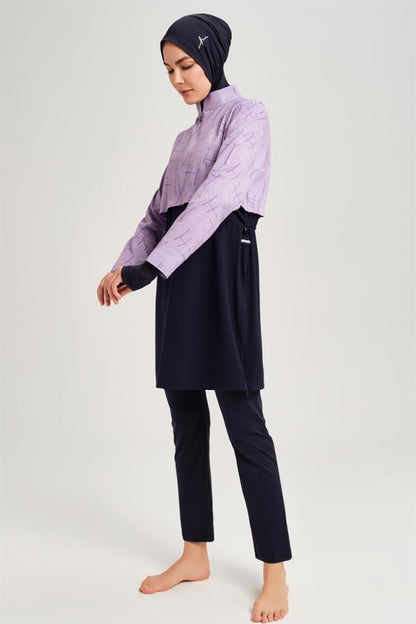 Haşema Esila Monogram Patterned 5-Piece Full-Covered Burkini Set HSM-2934-09 Lilac - ihvan