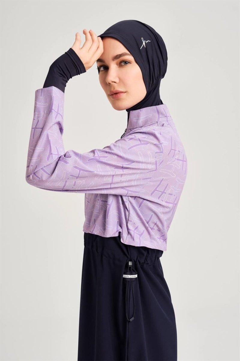 Haşema Esila Monogram Patterned Full Coverage Hijab Swimsuit HSM - 2934 Lilac - ihvan