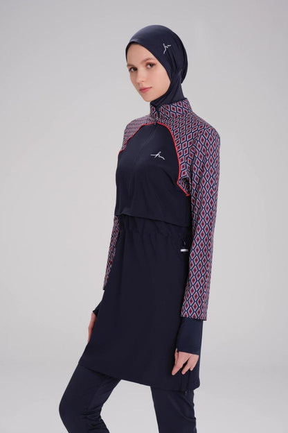 Haşema Esila Navy Blue and Red Sleeve Patterned Vest Full Coverage Hijab Swimsuit Set HSM - 2944 - ihvan