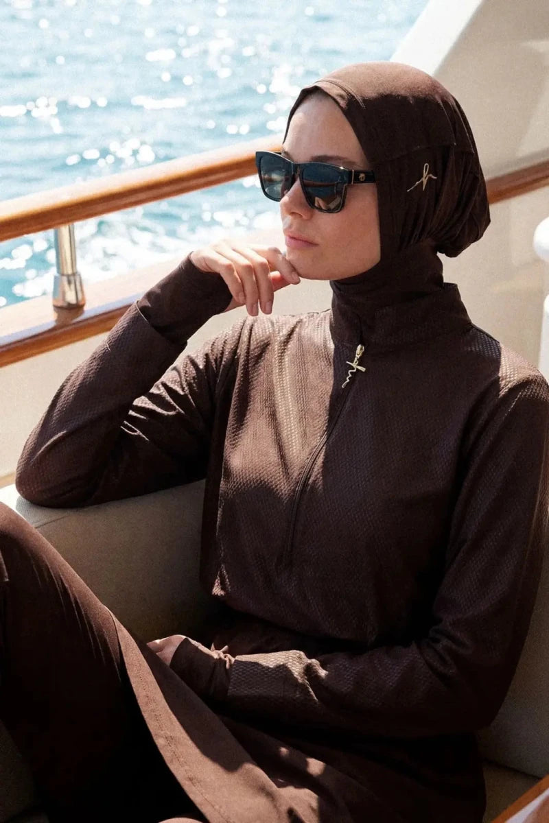 Haşema Esila Textured Fabric 5-Piece Full-Covered Burkini Set Quick-Drying Swimwear 5067 Brown - ihvan