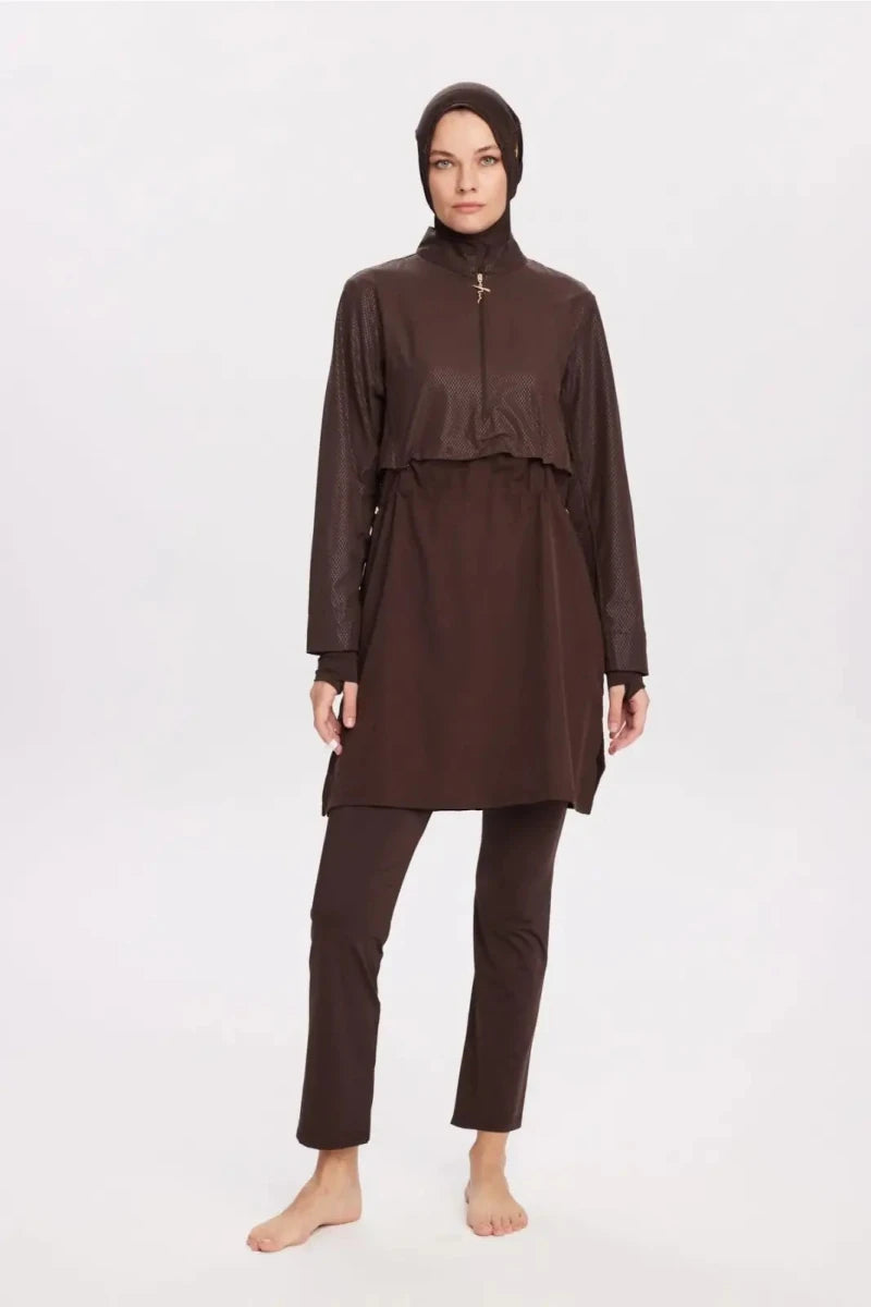 Haşema Esila Textured Fabric 5-Piece Full-Covered Burkini Set Quick-Drying Swimwear 5067 Brown - ihvan