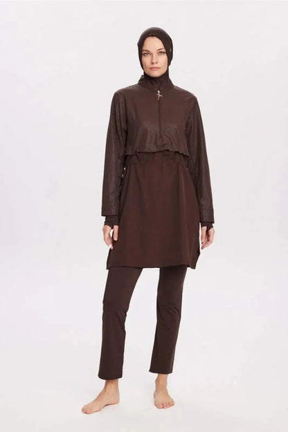 Haşema Esila Textured Fabric 5-Piece Full-Covered Burkini Set Quick-Drying Swimwear 5067 Brown - ihvan