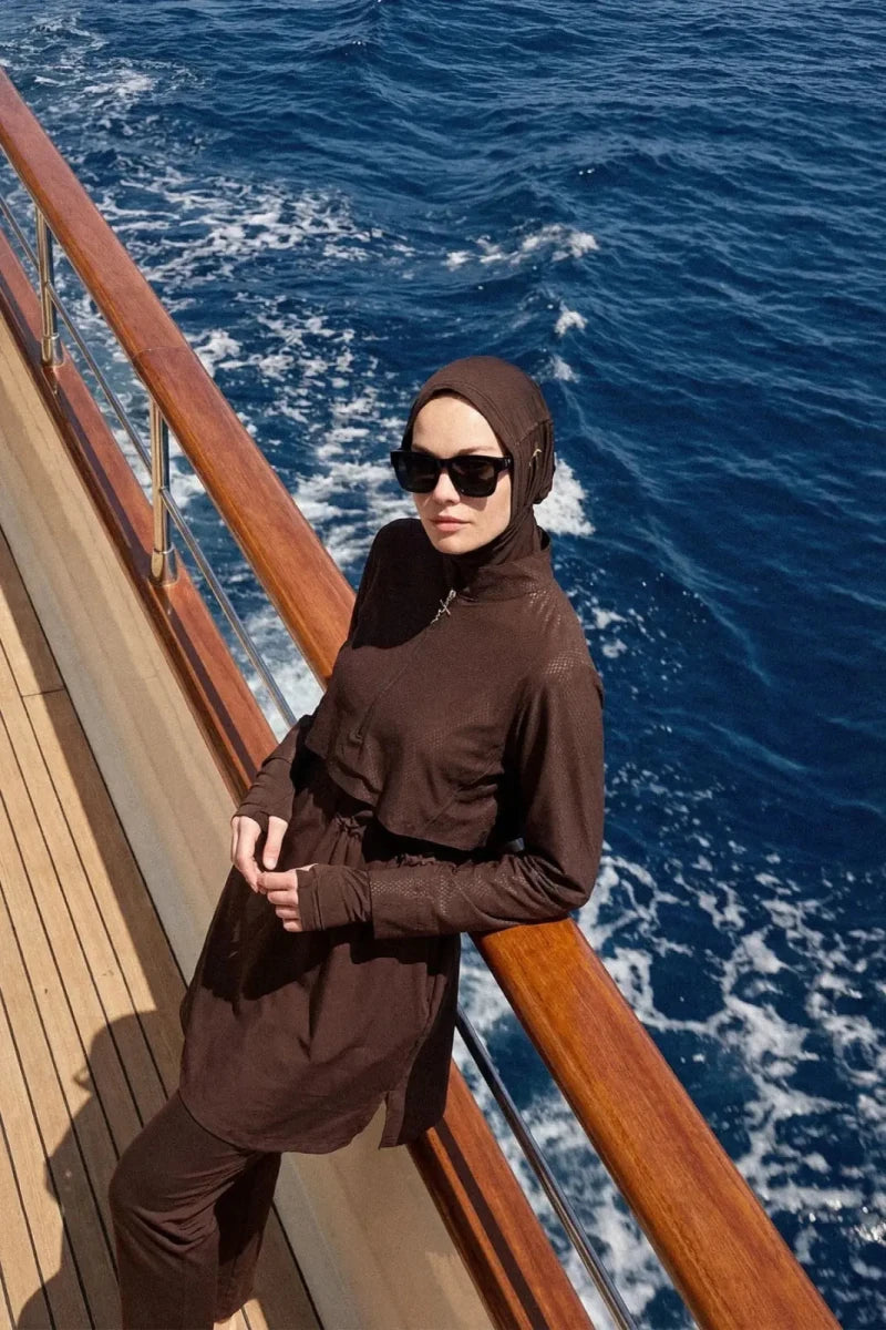 Haşema Esila Textured Fabric 5-Piece Full-Covered Burkini Set Quick-Drying Swimwear 5067 Brown - ihvan