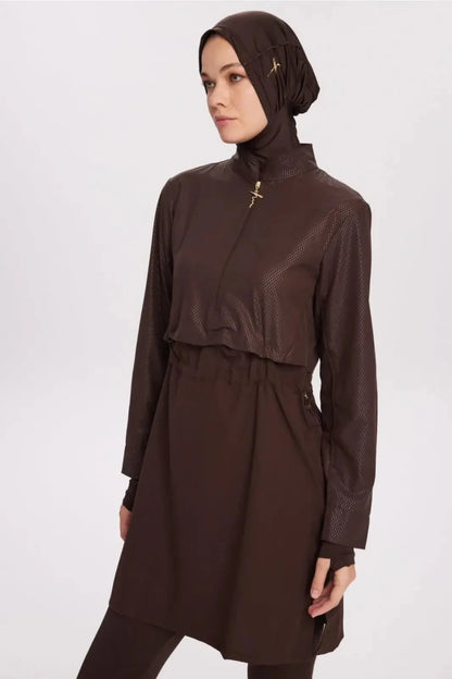 Haşema Esila Textured Fabric 5-Piece Full-Covered Burkini Set Quick-Drying Swimwear 5067 Brown - ihvan
