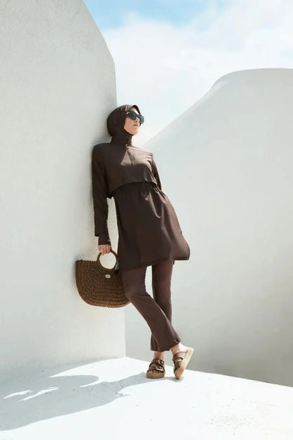 Haşema Esila Textured Fabric 5-Piece Full-Covered Burkini Set Quick-Drying Swimwear 5067 Brown - ihvan