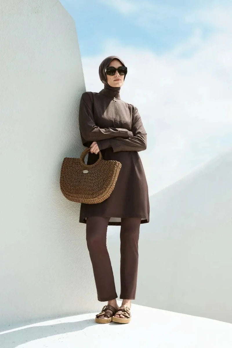 Haşema Esila Textured Fabric 5-Piece Full-Covered Burkini Set Quick-Drying Swimwear 5067 Brown - ihvan