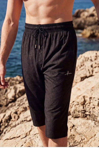 Haşema Floral Patterned Textured Long Men's Pool and Beach Shorts 6014 Black - ihvan