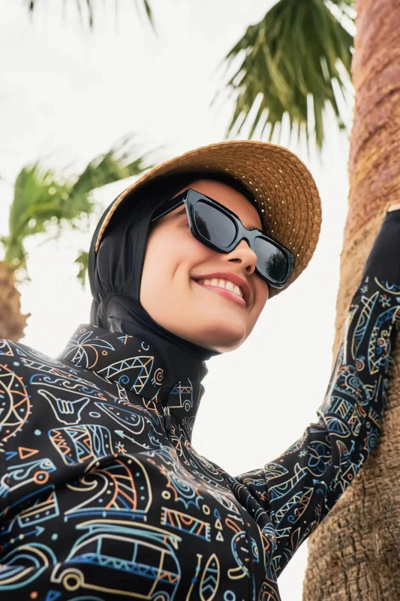 Haşema Holiday Theme Patterned Sleeveless Overdress 5-Piece Full-Covered Burkini Set Quick-Drying Swimwear HSM-2934-39-06 Black Green - ihvan