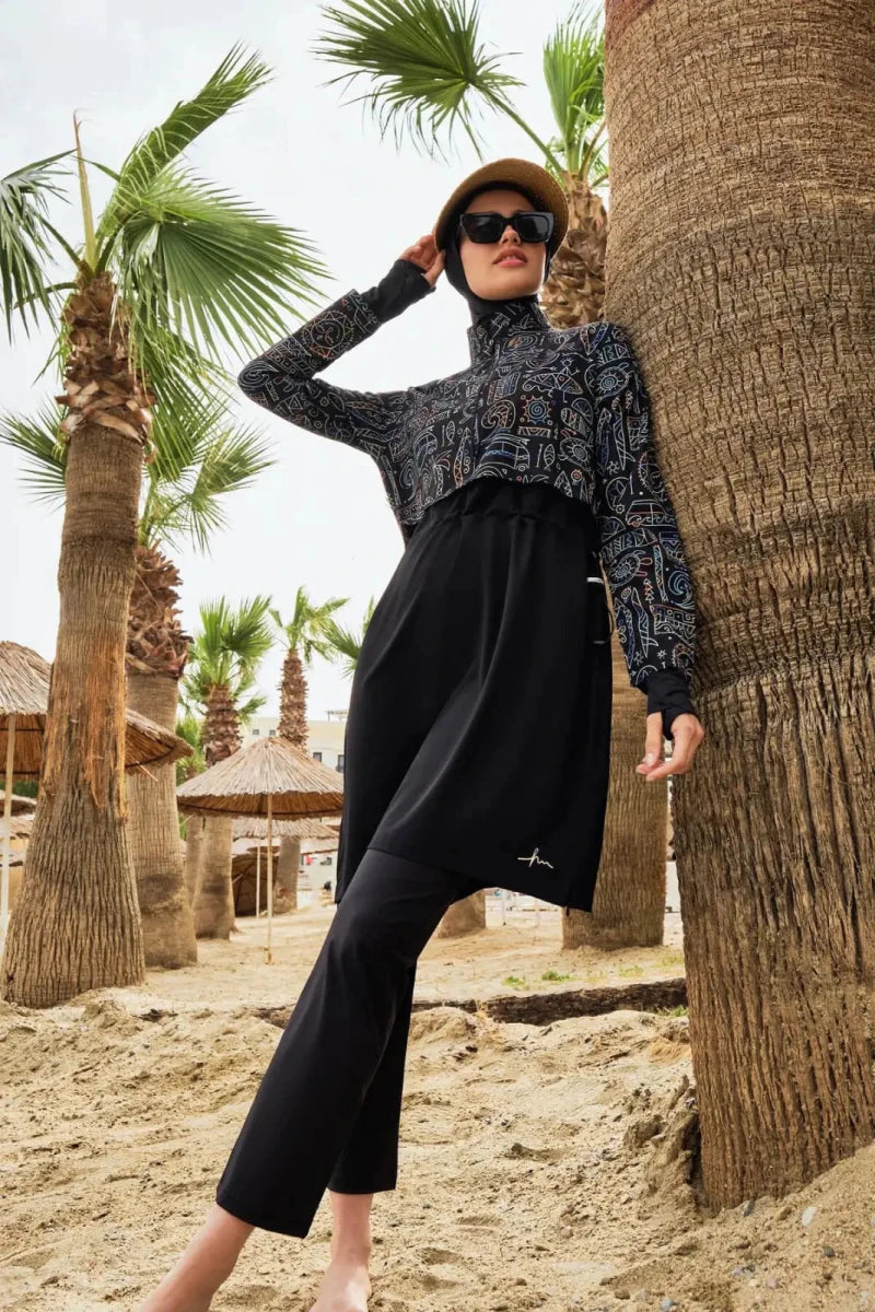 Haşema Holiday Theme Patterned Sleeveless Overdress 5-Piece Full-Covered Burkini Set Quick-Drying Swimwear HSM-2934-39-06 Black Green - ihvan