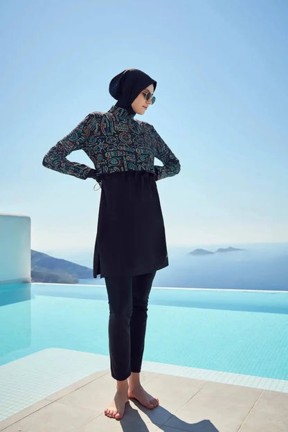 Haşema Holiday Theme Patterned Sleeveless Overdress 5-Piece Full-Covered Burkini Set Quick-Drying Swimwear HSM-2934-39-06 Black Green - ihvan