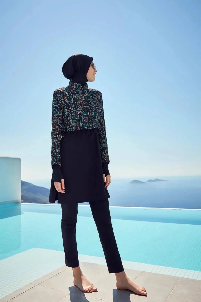 Haşema Holiday Theme Patterned Sleeveless Overdress 5-Piece Full-Covered Burkini Set Quick-Drying Swimwear HSM-2934-39-06 Black Green - ihvan