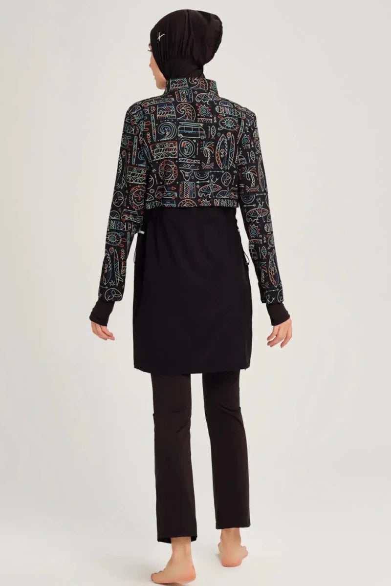 Haşema Holiday Theme Patterned Sleeveless Overdress 5-Piece Full-Covered Burkini Set Quick-Drying Swimwear HSM-2934-39-06 Black Green - ihvan