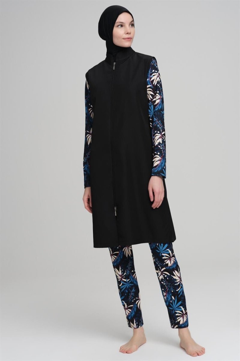 Haşema Nehar Blue Leaf Patterned Black Sleeveless Full Coverage Hijab Swimsuit Set 2226 - ihvan